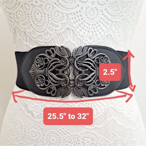 Black floral buckle corset boho elastic wide waist goth party dress belt - Picture 15 of 16